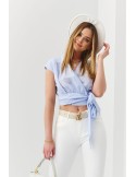 Kurze Umschlagbluse mit Bindeband, blau 02044 - Online-Shop - Boutique